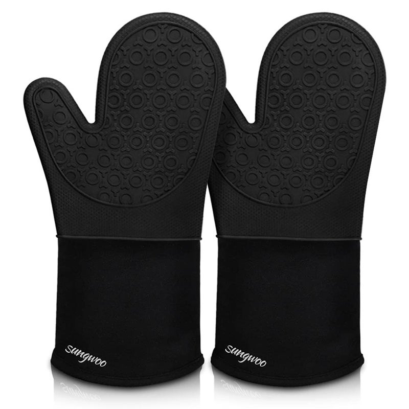 sungwoo Silicone Oven Mitts, Heat Resistant Oven Gloves with Quilted Liner Non-Slip Textured Grip Perfect for BBQ, Baking, Cooking and Grilling - 1 Pair 13.8 Inch Black - Image 1